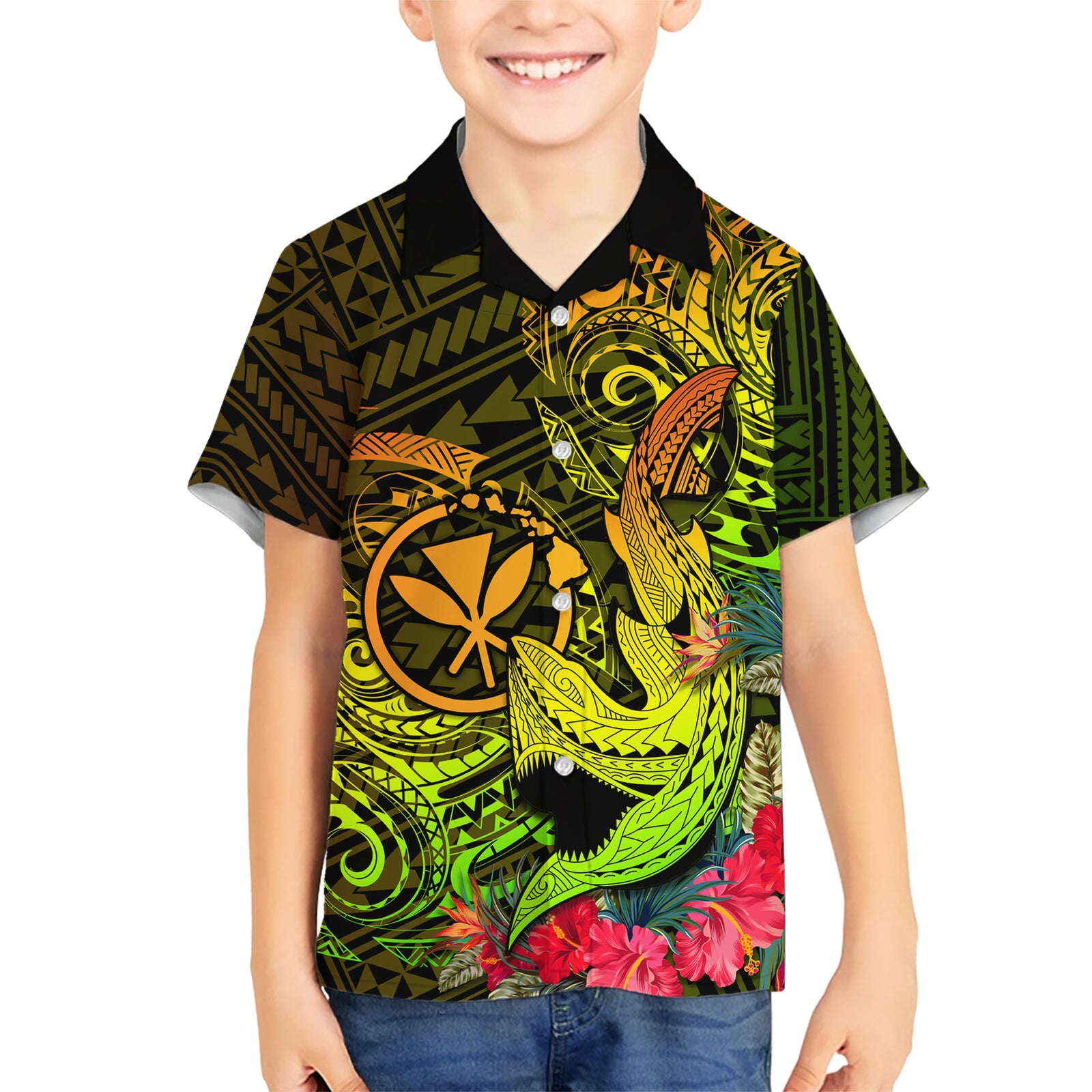Hawaii Kid Hawaiian Shirt Kanaka Map With Polynesian Shark Tattoo Reggae Unique LT14 Kid Reggae - Polynesian Pride