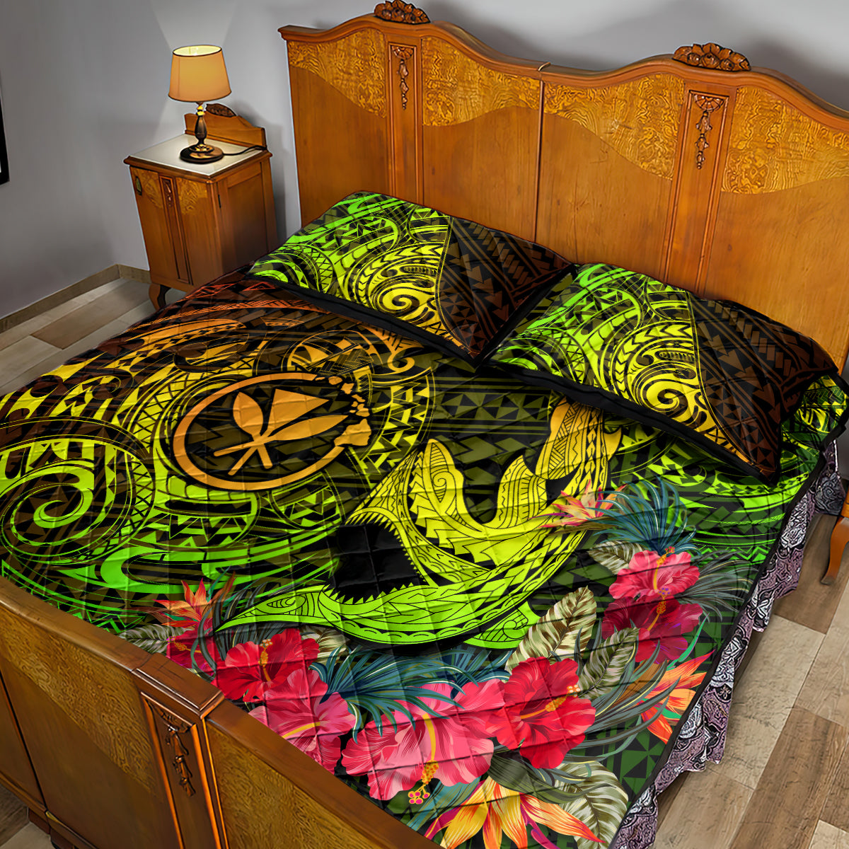 Hawaii Quilt Bed Set Kanaka Map With Polynesian Shark Tattoo Reggae Unique LT14 - Polynesian Pride