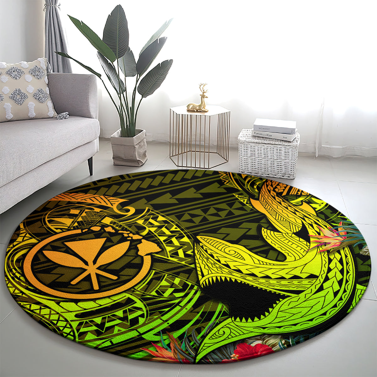 Hawaii Round Carpet Kanaka Map With Polynesian Shark Tattoo Reggae Unique LT14 - Polynesian Pride