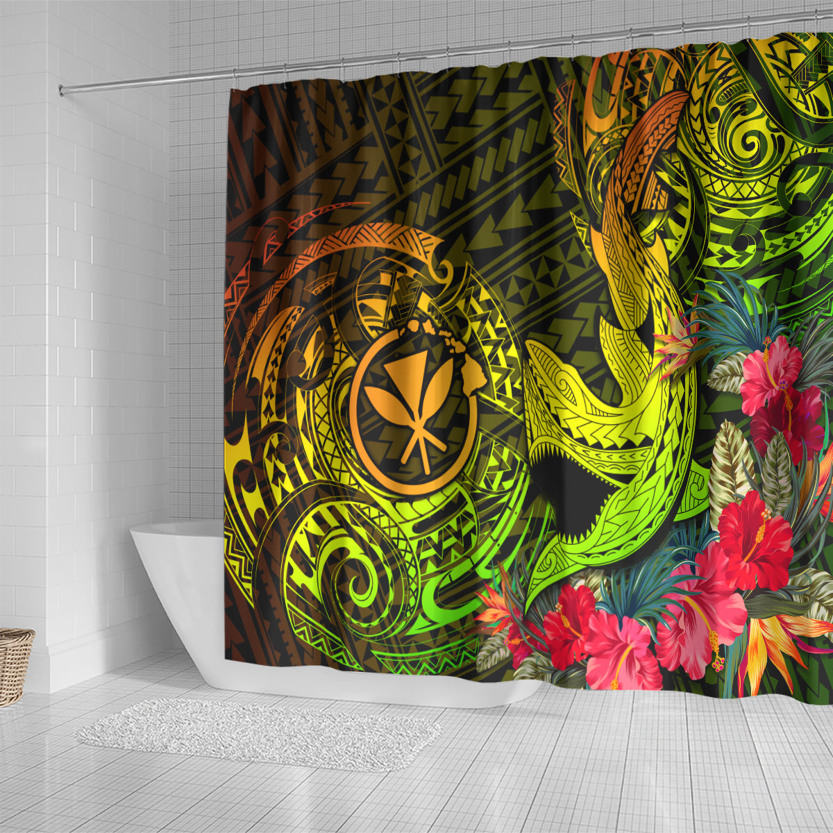 Hawaii Shower Curtain Kanaka Map With Polynesian Shark Tattoo Reggae Unique LT14 - Polynesian Pride