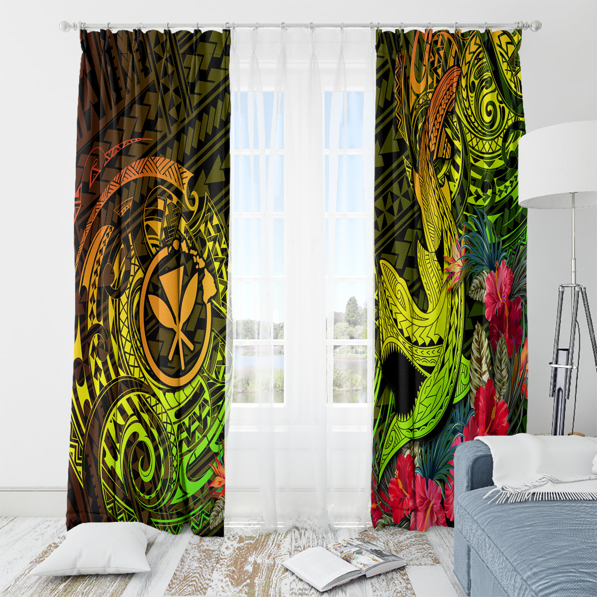Hawaii Window Curtain Kanaka Map With Polynesian Shark Tattoo Reggae Unique LT14 - Polynesian Pride