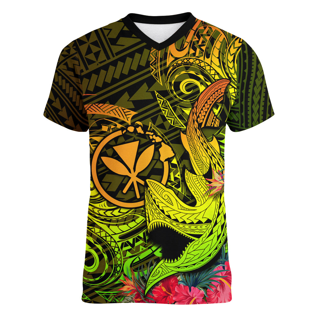 Hawaii Women V Neck T Shirt Kanaka Map With Polynesian Shark Tattoo Reggae Unique LT14 Female Reggae - Polynesian Pride