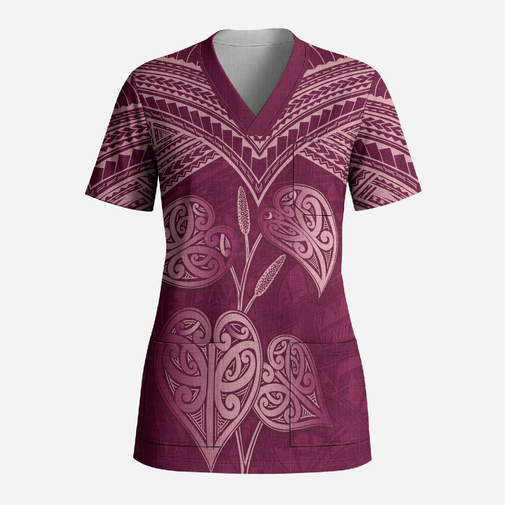 Burgundy New Zealand Kawakawa Maori Ngaru Scrub Top LT14 Adult Burgundy - Polynesian Pride