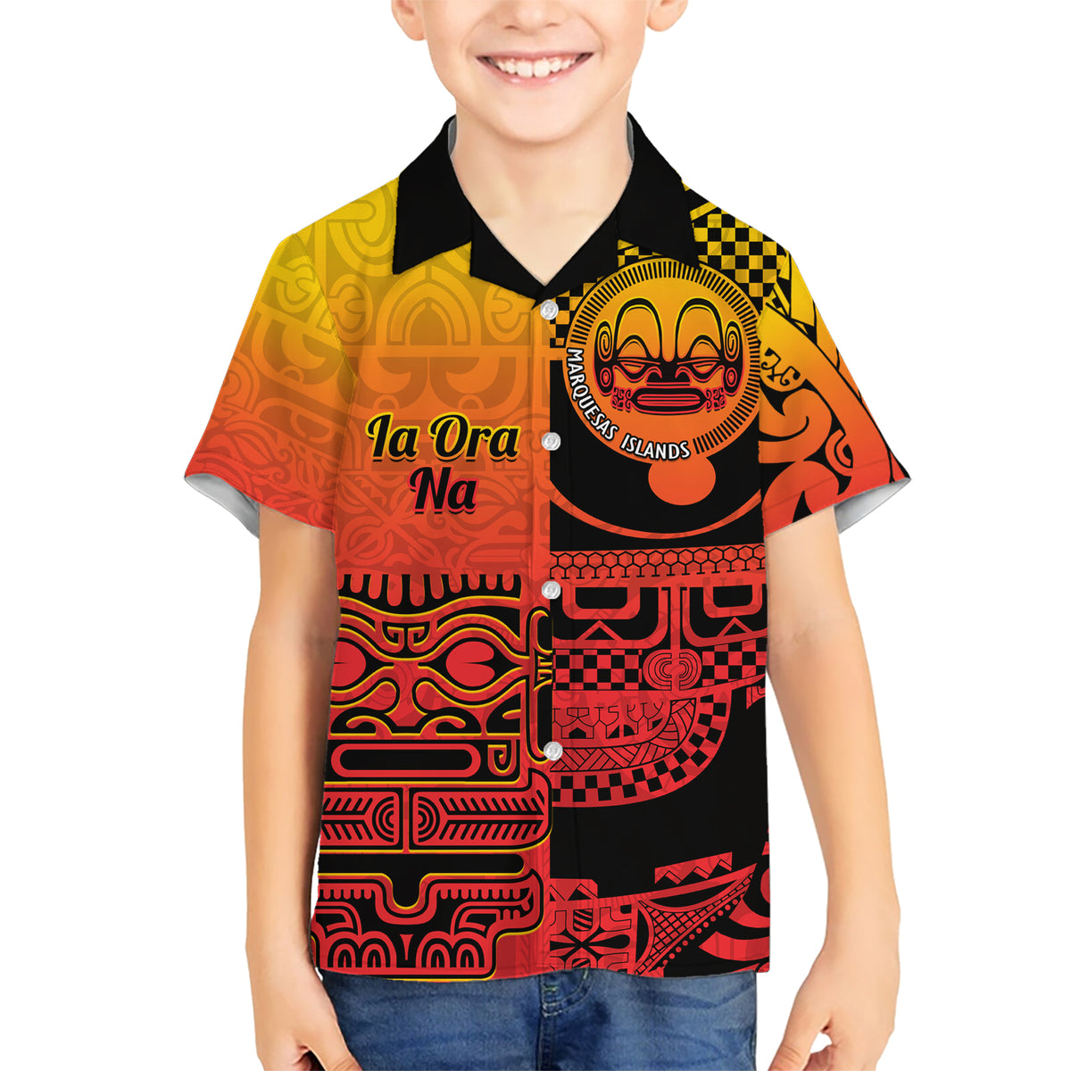 Personalised Ia Ora Na Marquesas Islands Kid Hawaiian Shirt Mata Tiki Marquesan Tattoo LT14 Kid Red - Polynesian Pride