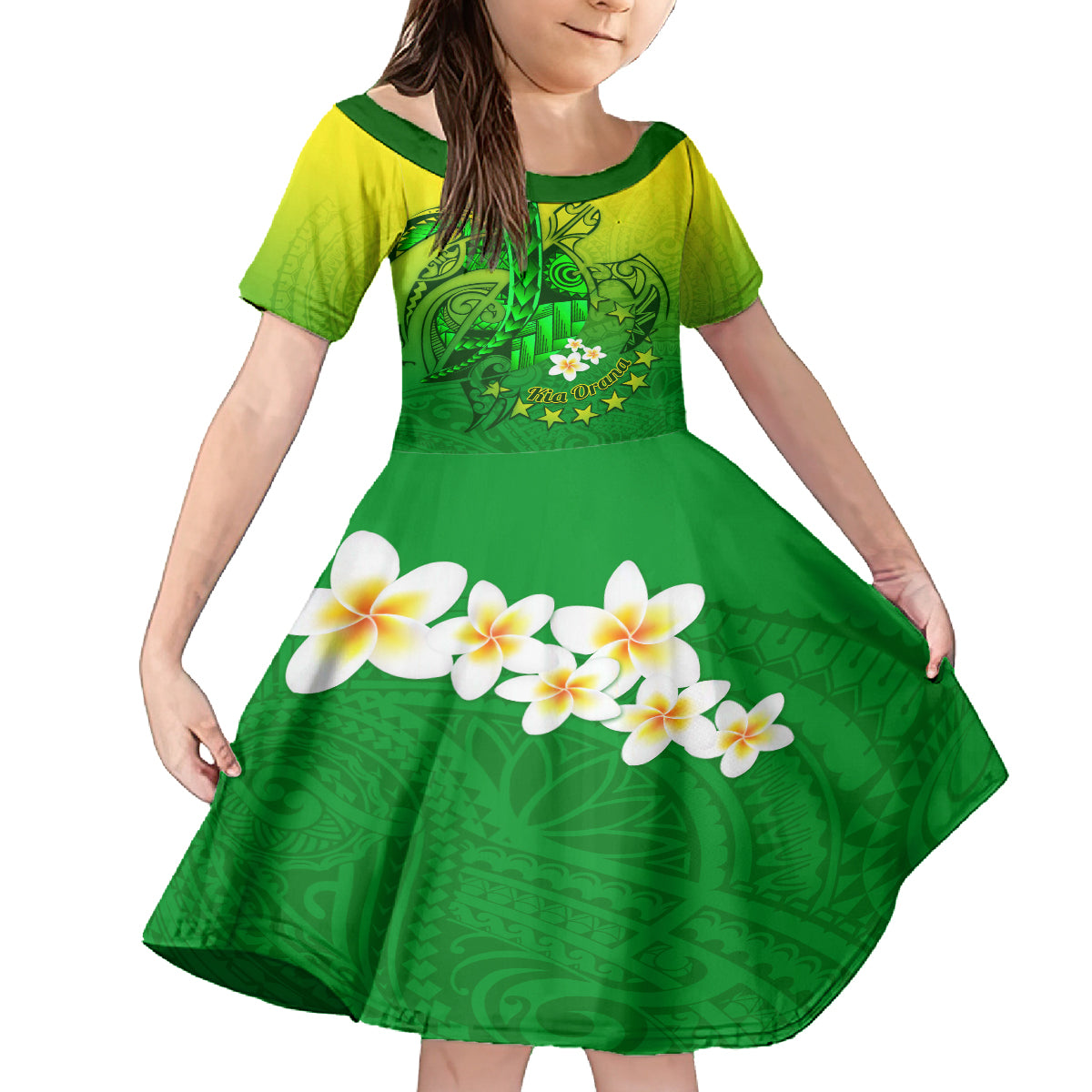 Kia Orana Cook Islands Family Matching Puletasi and Hawaiian Shirt Kuki Airani Tattoo Pattern With Sea Turtle LT14 Daughter's Dress Green - Polynesian Pride