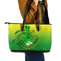Kia Orana Cook Islands Leather Tote Bag Kuki Airani Tattoo Pattern With Sea Turtle LT14 - Polynesian Pride