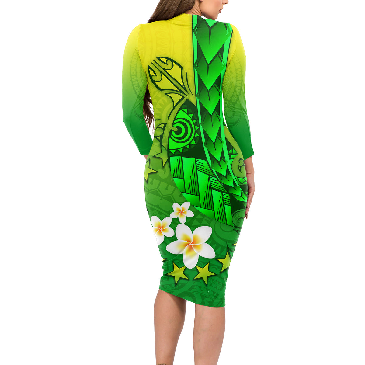 Kia Orana Cook Islands Long Sleeve Bodycon Dress Kuki Airani Tattoo Pattern With Sea Turtle LT14 - Polynesian Pride
