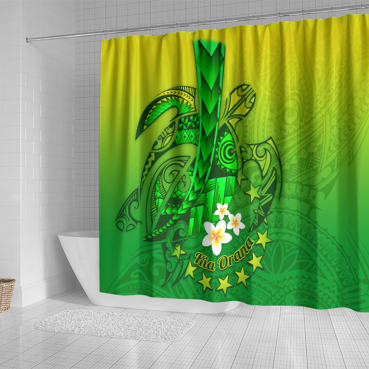 Kia Orana Cook Islands Shower Curtain Kuki Airani Tattoo Pattern With Sea Turtle LT14 - Polynesian Pride