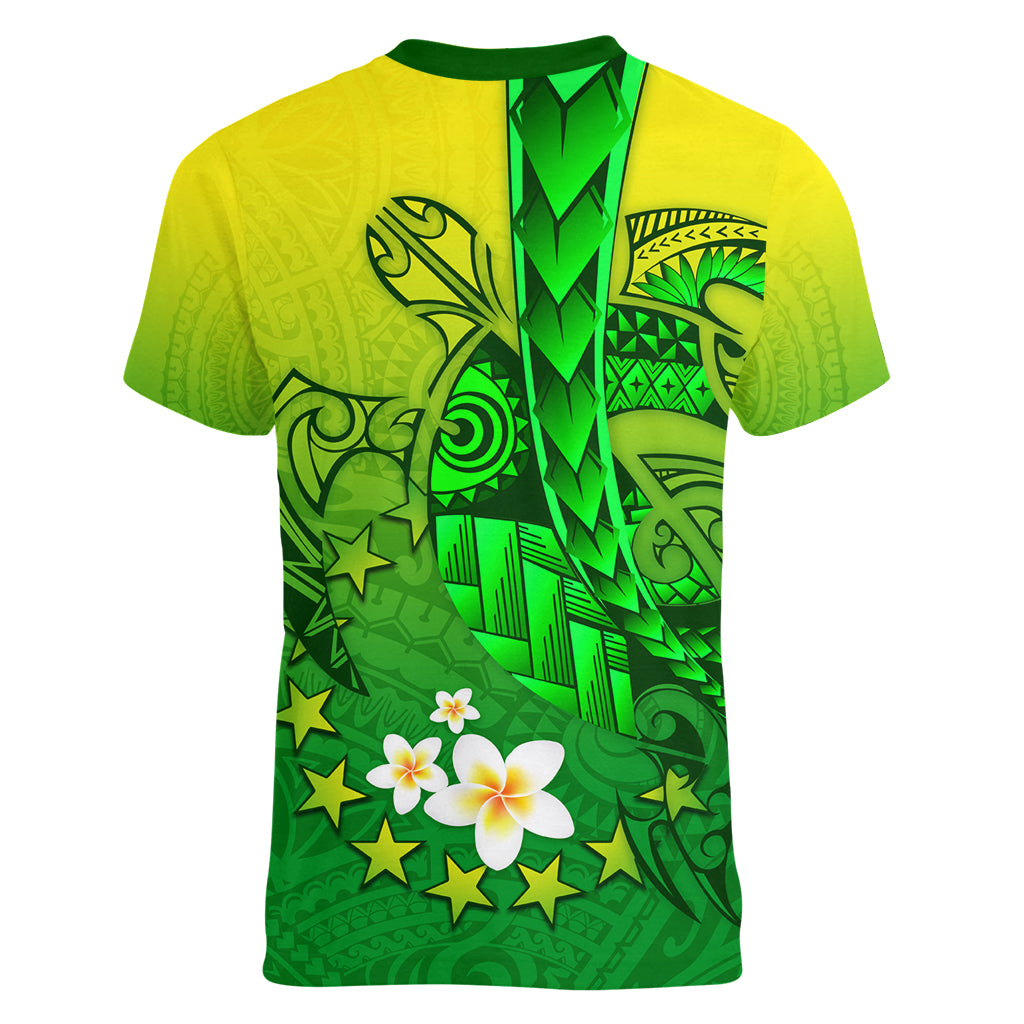Kia Orana Cook Islands Women V Neck T Shirt Kuki Airani Tattoo Pattern With Sea Turtle LT14 - Polynesian Pride