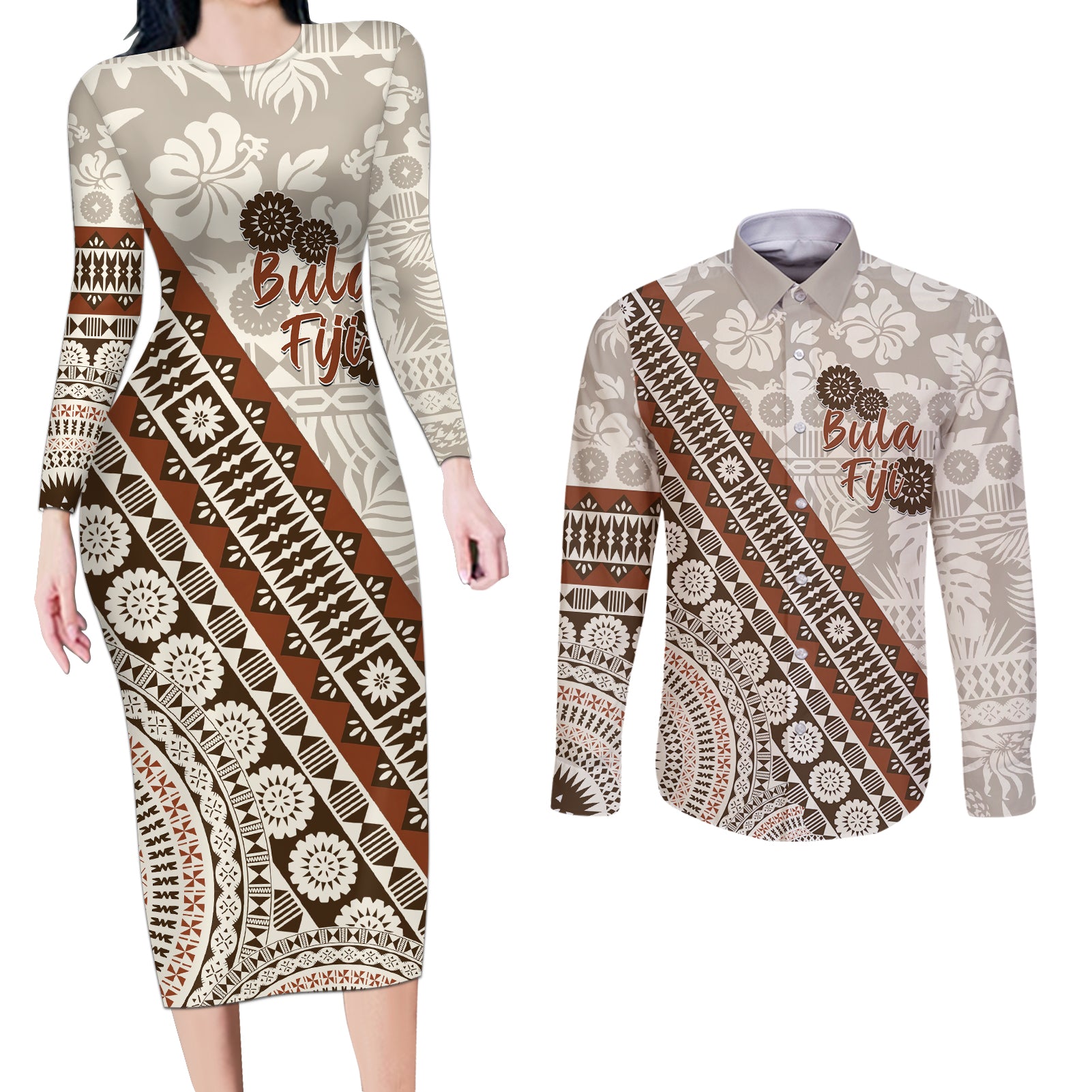Bula Fiji Couples Matching Long Sleeve Bodycon Dress and Long Sleeve Button Shirt Fijian Masi Tapa Cloth Vintage Vibes LT14 Beige - Polynesian Pride