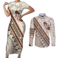 Bula Fiji Couples Matching Short Sleeve Bodycon Dress and Long Sleeve Button Shirt Fijian Masi Tapa Cloth Vintage Vibes LT14 Beige - Polynesian Pride