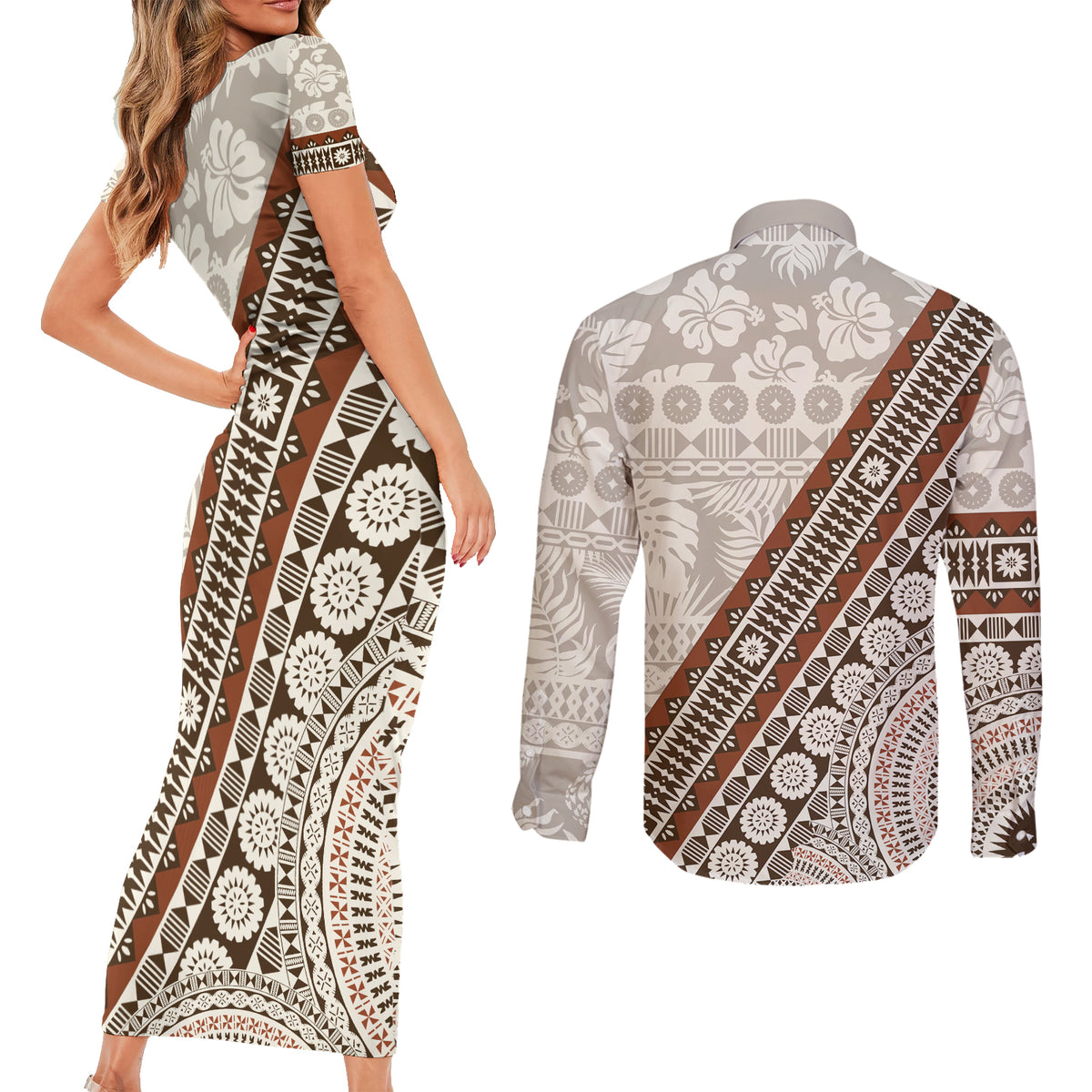 Bula Fiji Couples Matching Short Sleeve Bodycon Dress and Long Sleeve Button Shirt Fijian Masi Tapa Cloth Vintage Vibes LT14 - Polynesian Pride