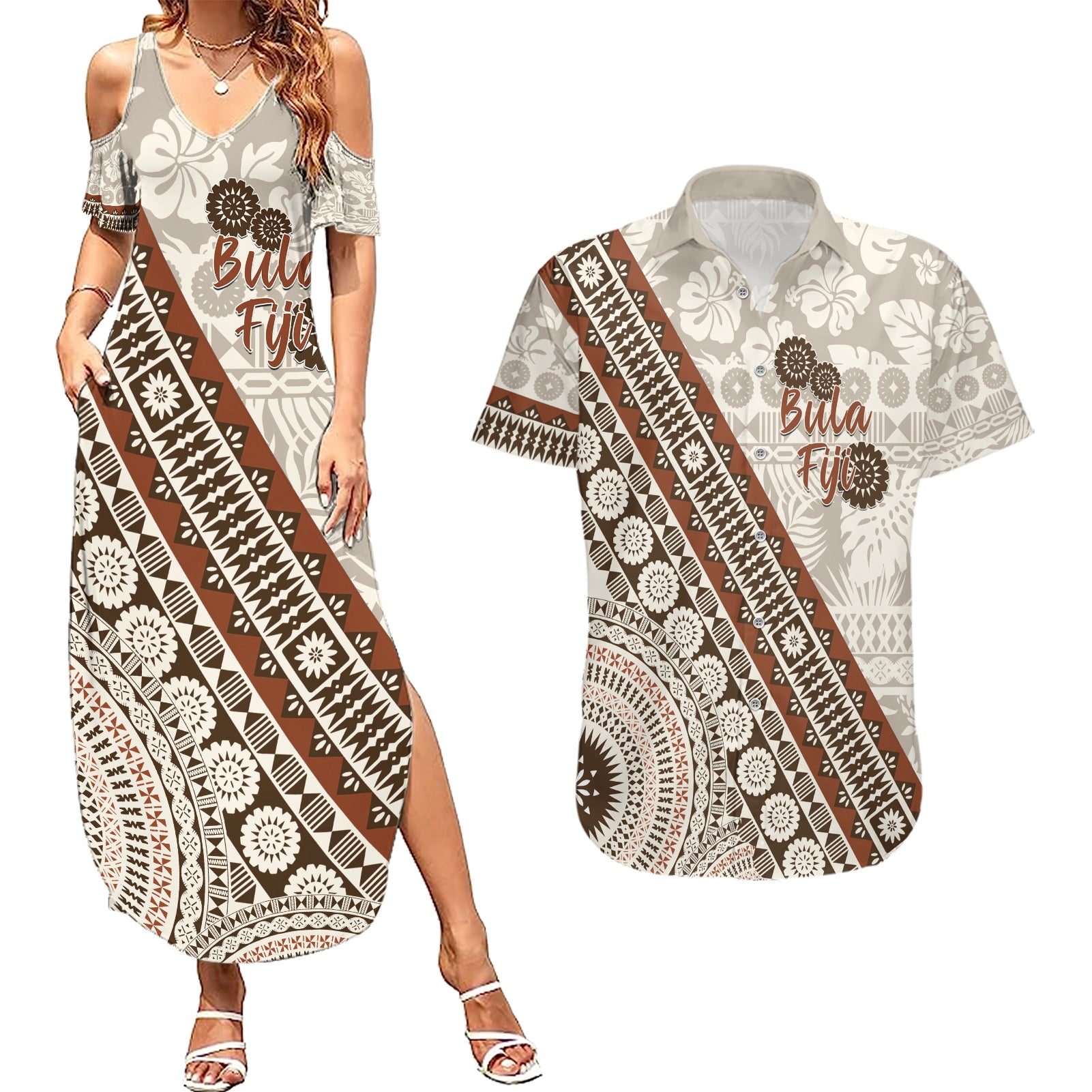 Bula Fiji Couples Matching Summer Maxi Dress and Hawaiian Shirt Fijian Masi Tapa Cloth Vintage Vibes LT14 Beige - Polynesian Pride