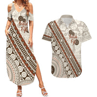 Bula Fiji Couples Matching Summer Maxi Dress and Hawaiian Shirt Fijian Masi Tapa Cloth Vintage Vibes LT14 Beige - Polynesian Pride