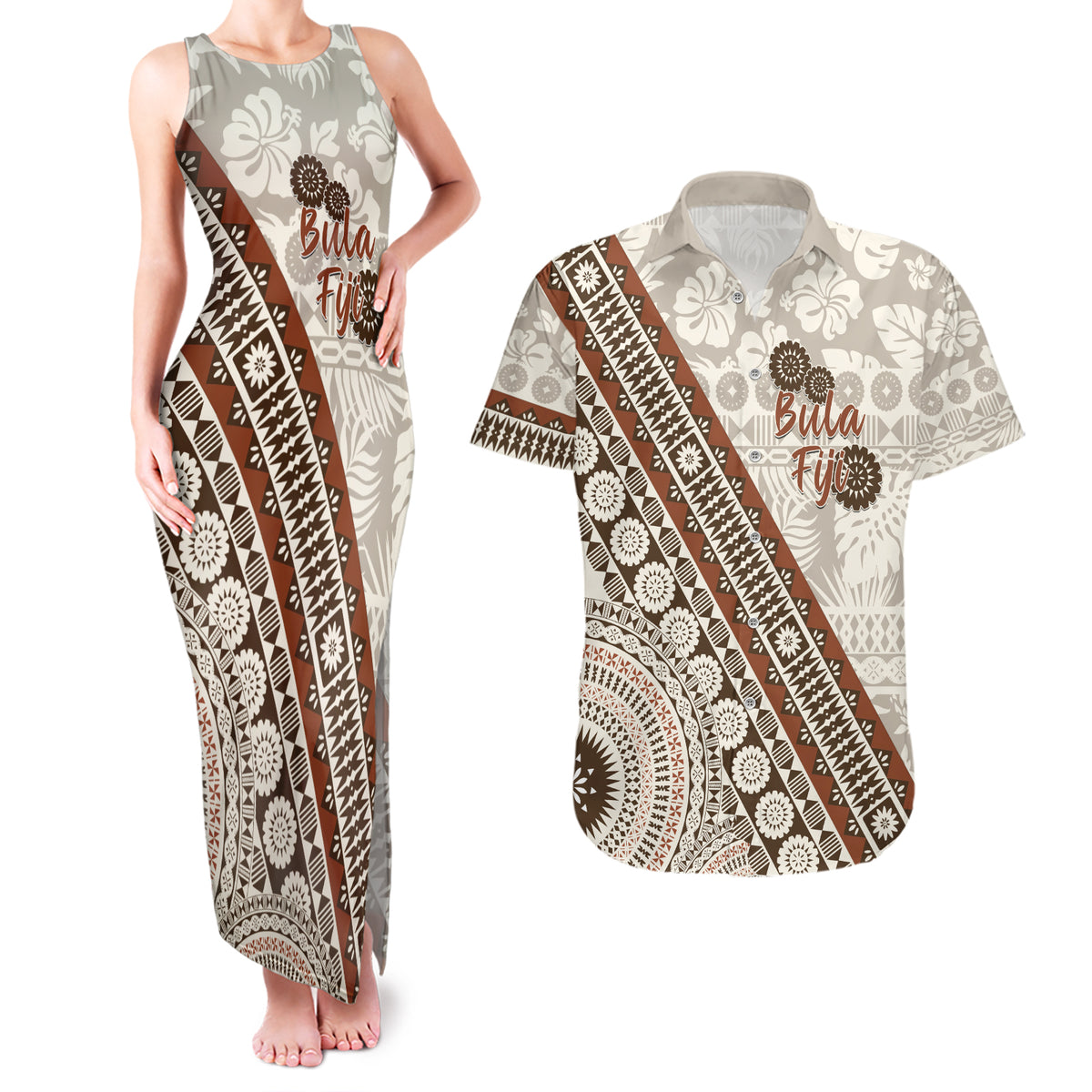 Bula Fiji Couples Matching Tank Maxi Dress and Hawaiian Shirt Fijian Masi Tapa Cloth Vintage Vibes LT14 Beige - Polynesian Pride