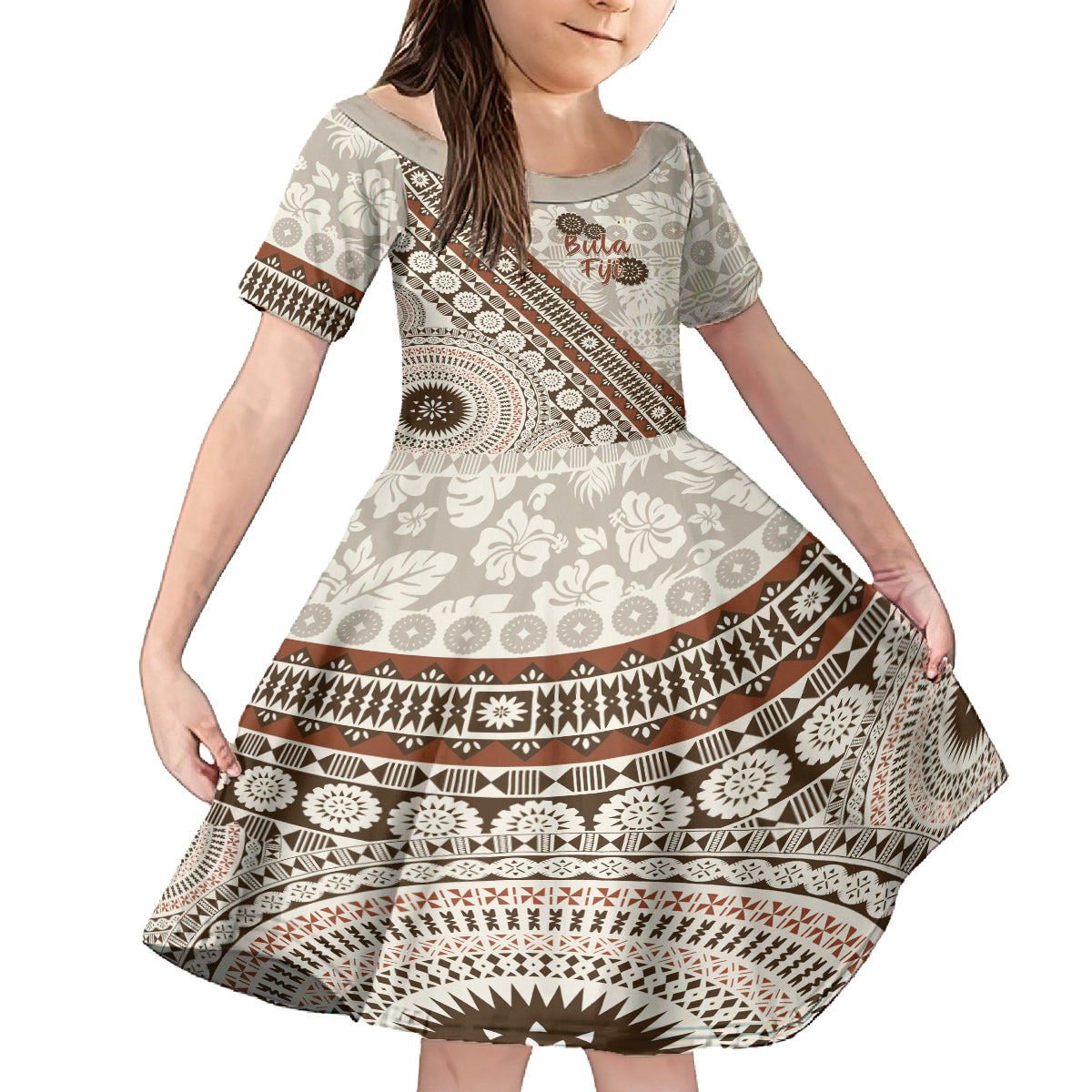 Bula Fiji Family Matching Long Sleeve Bodycon Dress and Hawaiian Shirt Fijian Masi Tapa Cloth Vintage Vibes LT14 Daughter's Dress Beige - Polynesian Pride