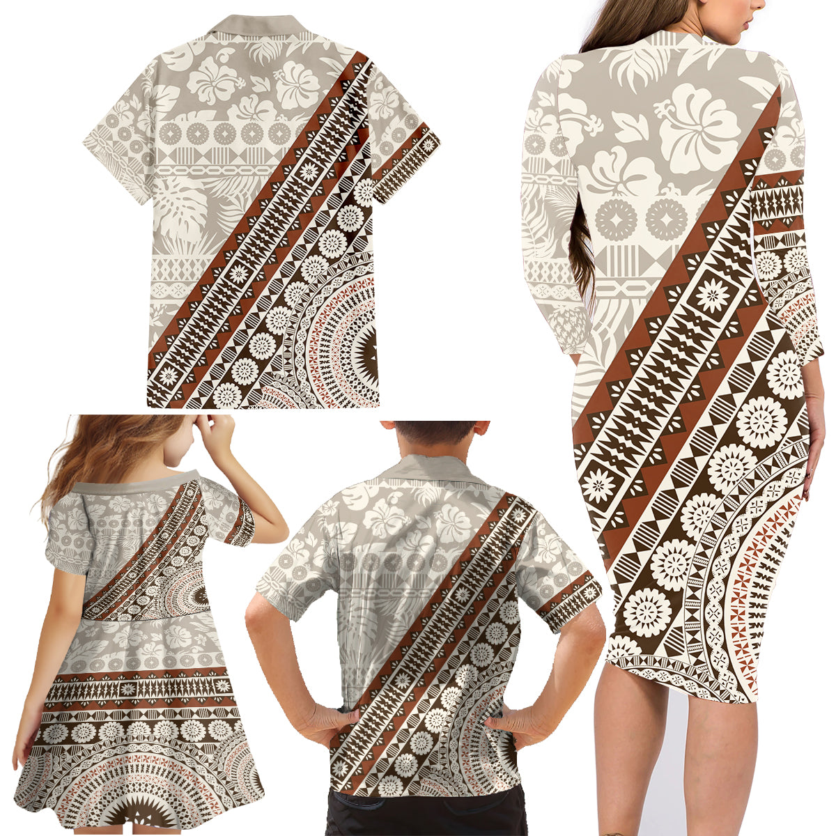 Bula Fiji Family Matching Long Sleeve Bodycon Dress and Hawaiian Shirt Fijian Masi Tapa Cloth Vintage Vibes LT14 - Polynesian Pride