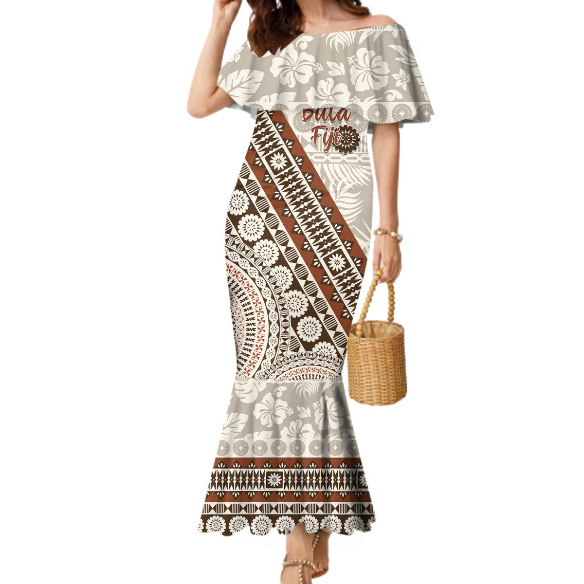 Bula Fiji Family Matching Mermaid Dress and Hawaiian Shirt Fijian Masi Tapa Cloth Vintage Vibes LT14 Mom's Dress Beige - Polynesian Pride
