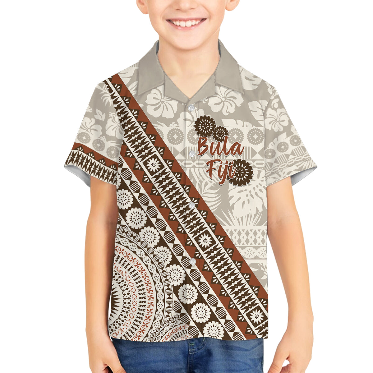 Bula Fiji Family Matching Puletasi and Hawaiian Shirt Fijian Masi Tapa Cloth Vintage Vibes LT14 Son's Shirt Beige - Polynesian Pride