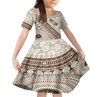 Bula Fiji Family Matching Short Sleeve Bodycon Dress and Hawaiian Shirt Fijian Masi Tapa Cloth Vintage Vibes LT14 Daughter's Dress Beige - Polynesian Pride