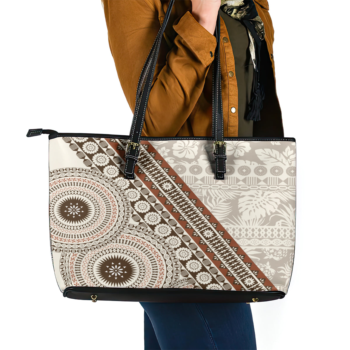 Bula Fiji Leather Tote Bag Fijian Masi Tapa Cloth Vintage Vibes LT14 - Polynesian Pride