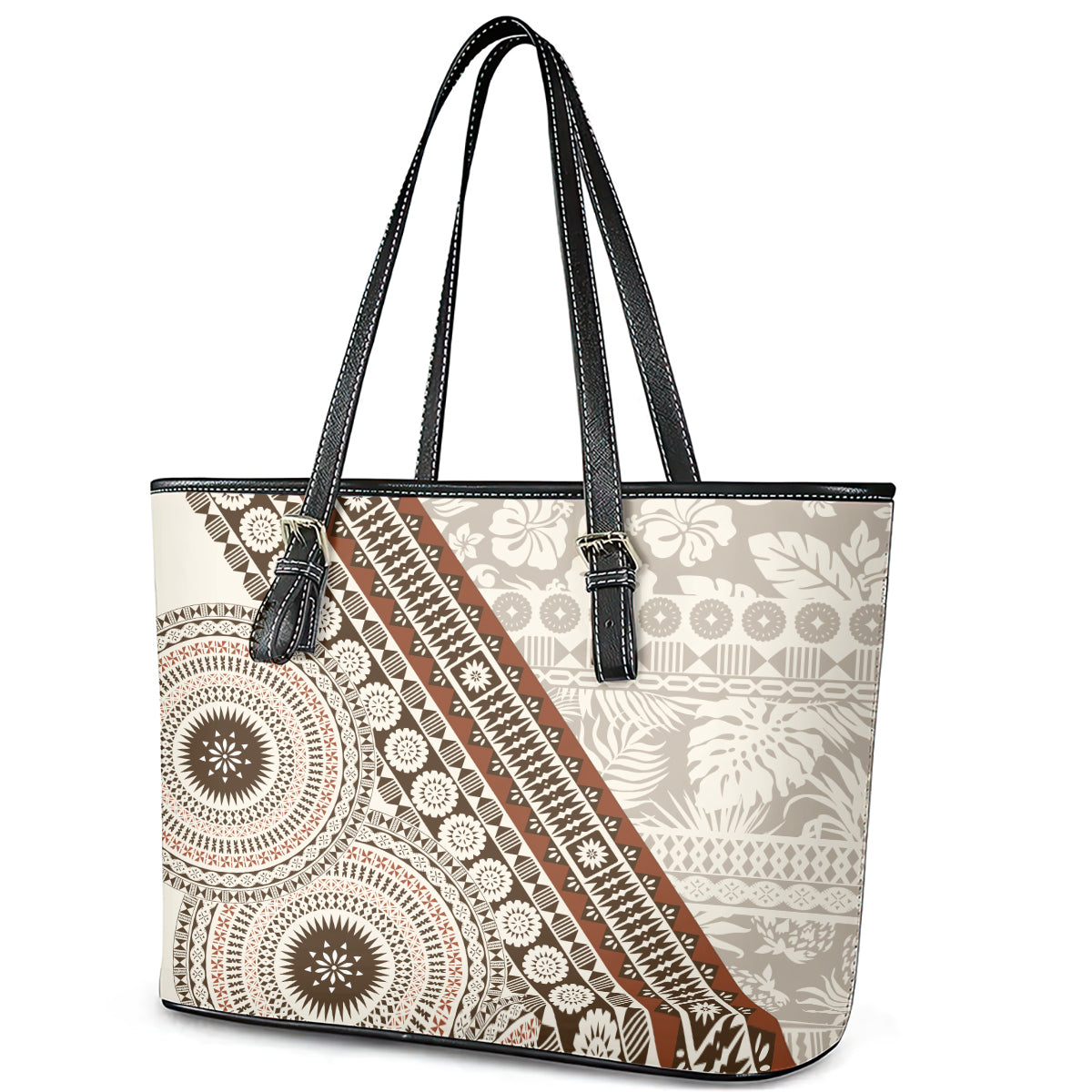 Bula Fiji Leather Tote Bag Fijian Masi Tapa Cloth Vintage Vibes LT14 - Polynesian Pride