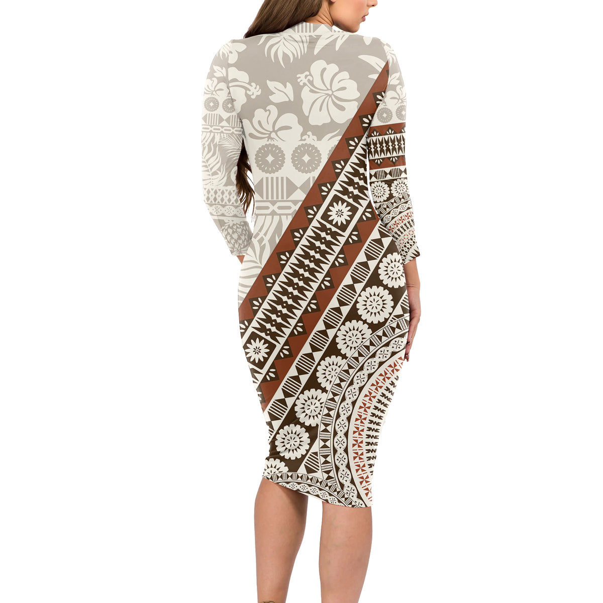 Bula Fiji Long Sleeve Bodycon Dress Fijian Masi Tapa Cloth Vintage Vibes LT14 - Polynesian Pride