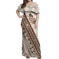 Bula Fiji Off Shoulder Maxi Dress Fijian Masi Tapa Cloth Vintage Vibes LT14 Women Beige - Polynesian Pride