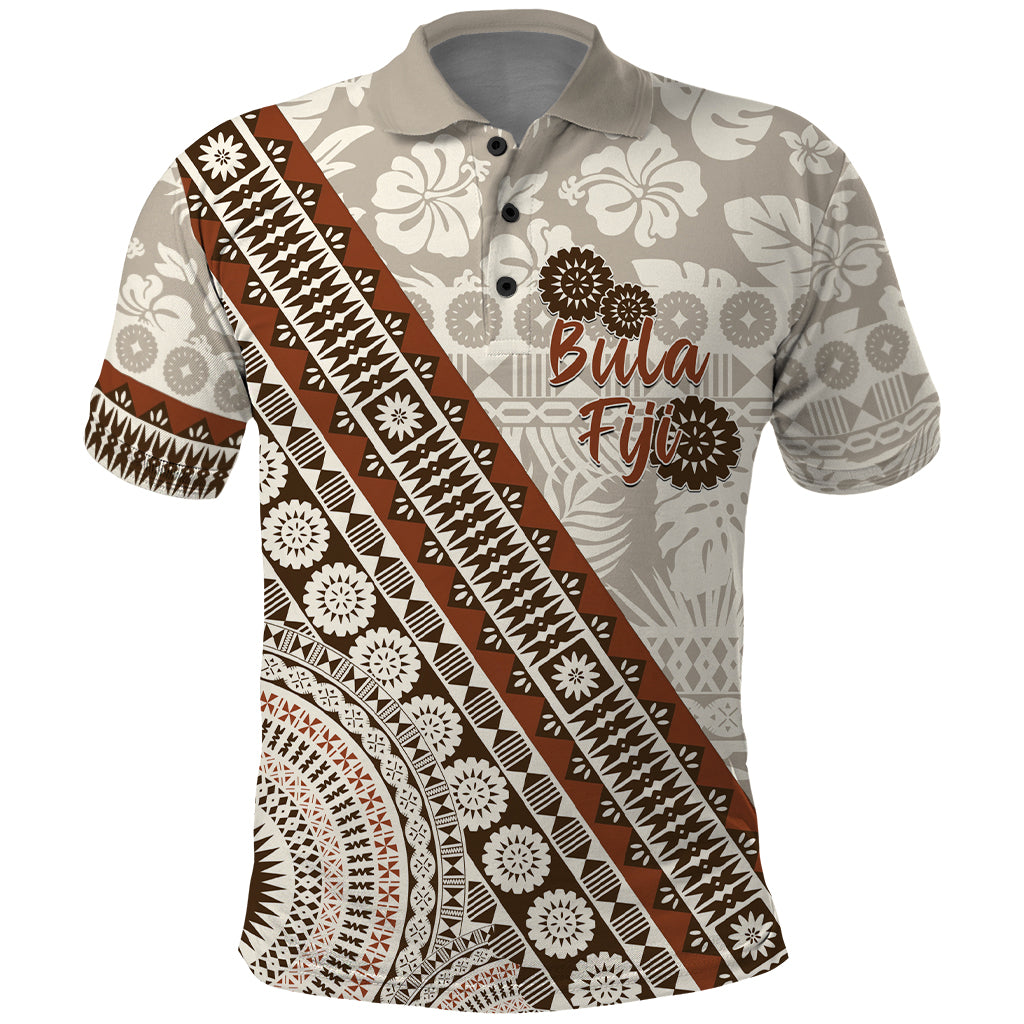 Bula Fiji Polo Shirt Fijian Masi Tapa Cloth Vintage Vibes LT14 Beige - Polynesian Pride