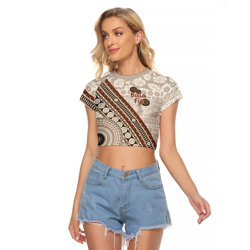 Bula Fiji Raglan Cropped T Shirt Fijian Masi Tapa Cloth Vintage Vibes LT14 Female Beige - Polynesian Pride