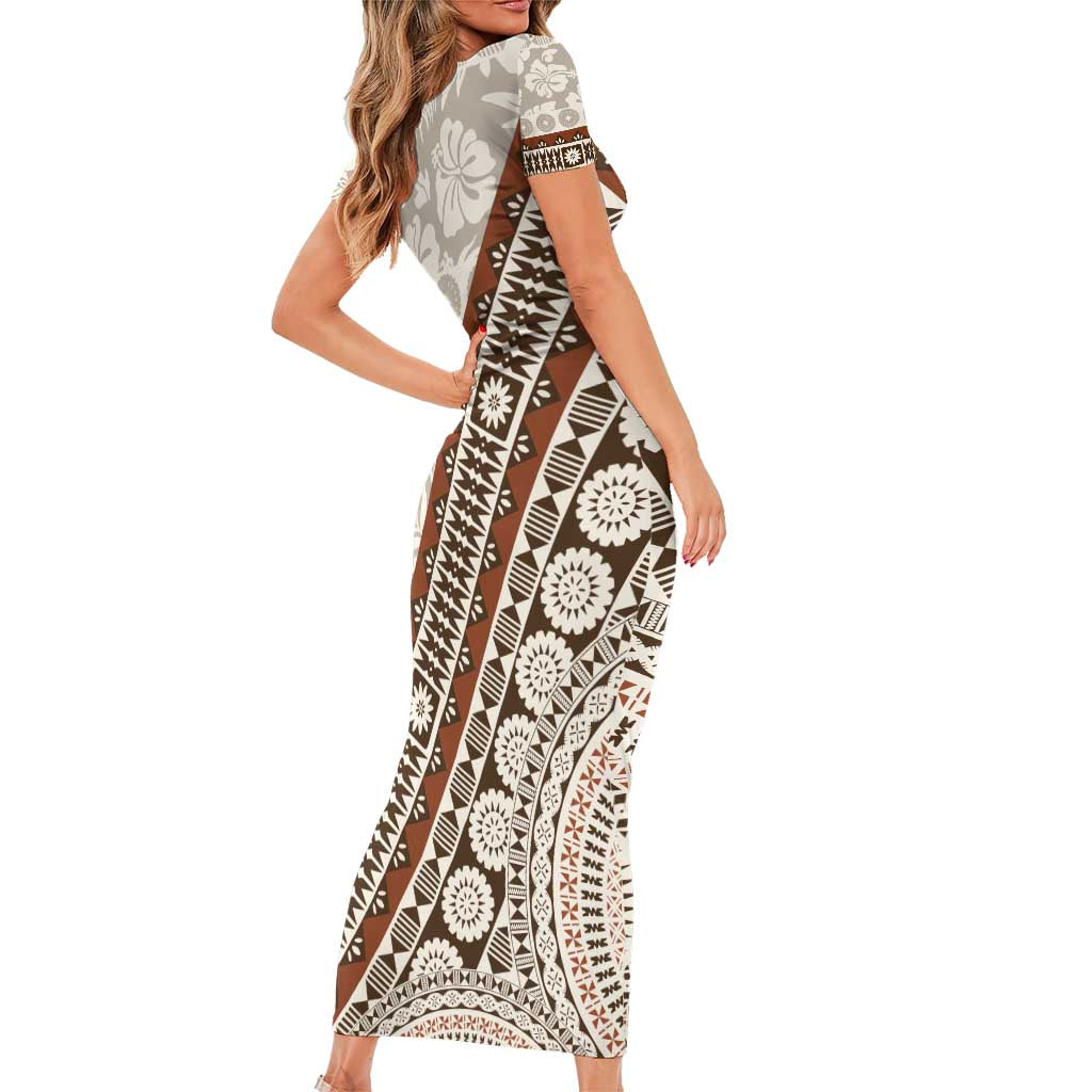 Bula Fiji Short Sleeve Bodycon Dress Fijian Masi Tapa Cloth Vintage Vibes LT14