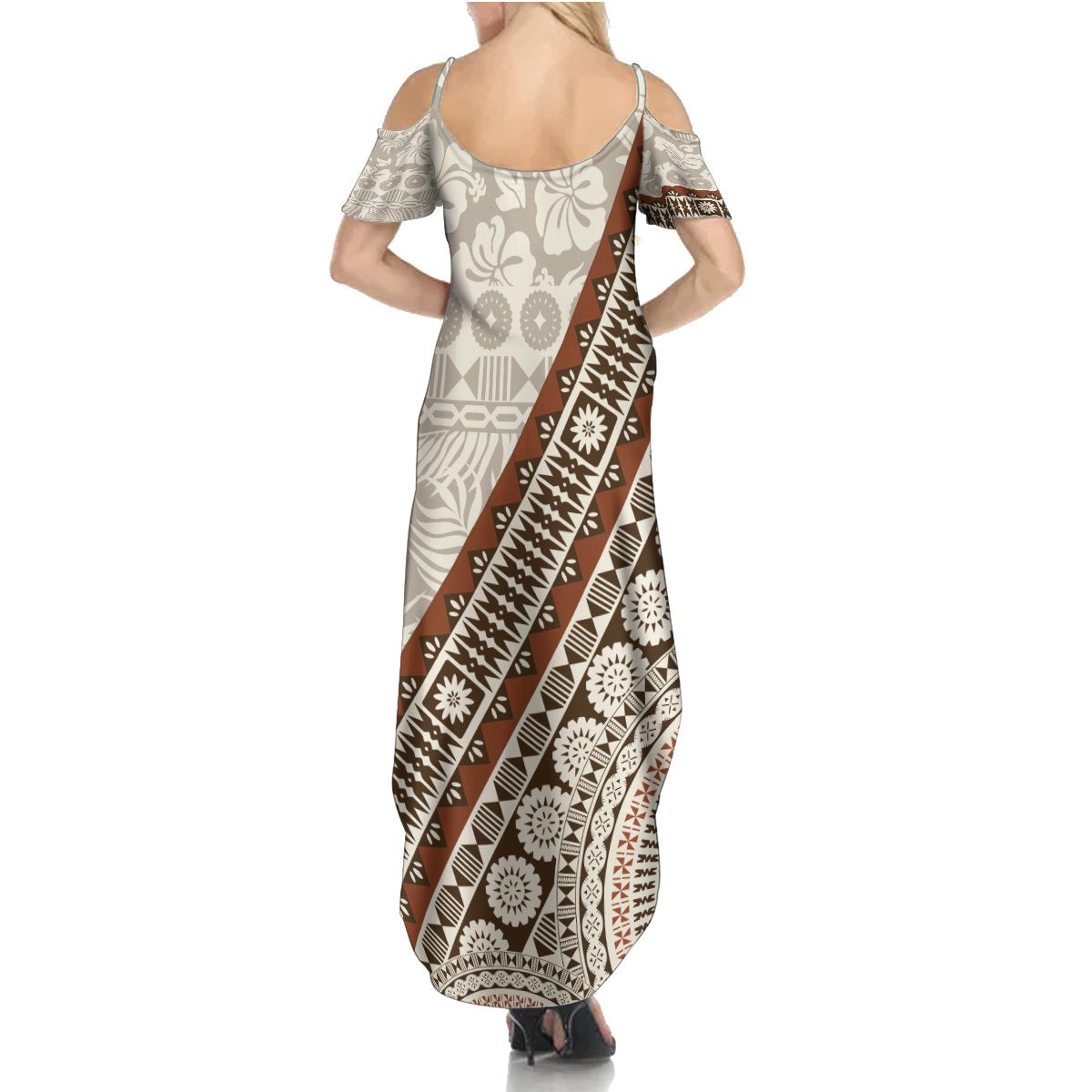 Bula Fiji Summer Maxi Dress Fijian Masi Tapa Cloth Vintage Vibes LT14 - Polynesian Pride