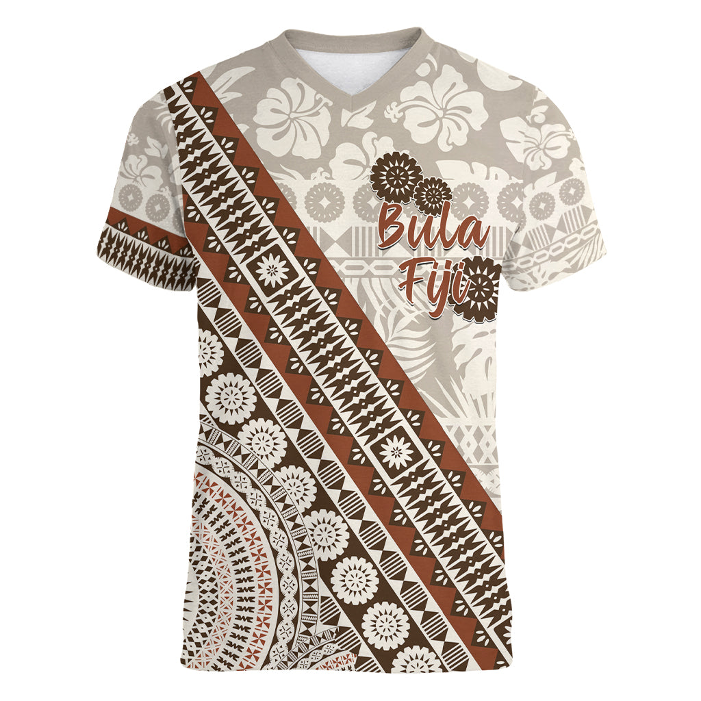Bula Fiji Women V Neck T Shirt Fijian Masi Tapa Cloth Vintage Vibes LT14 Female Beige - Polynesian Pride