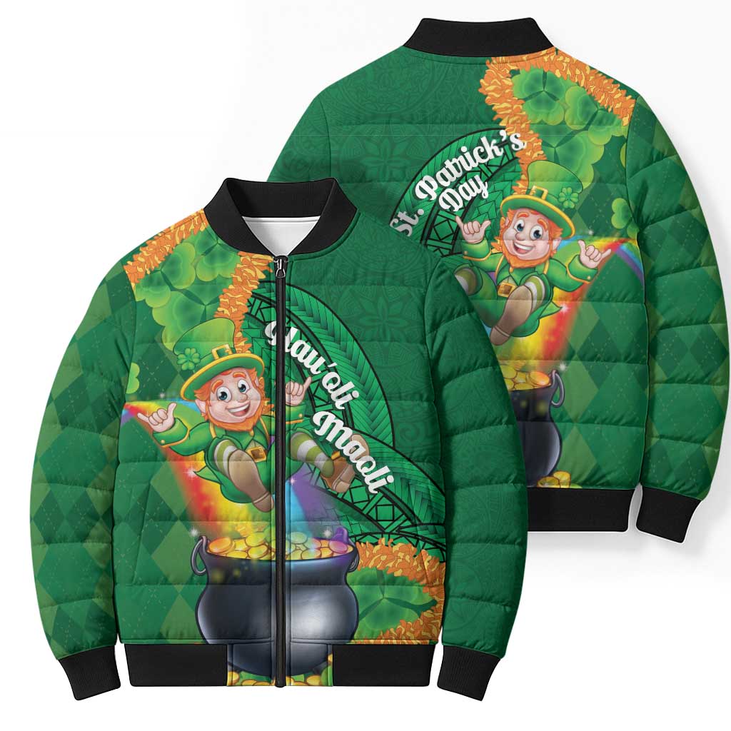 St Patrick's Day Hawaii Bomber Puffer Jacket Hauoli Maoli Funny Shaka Leprechaun