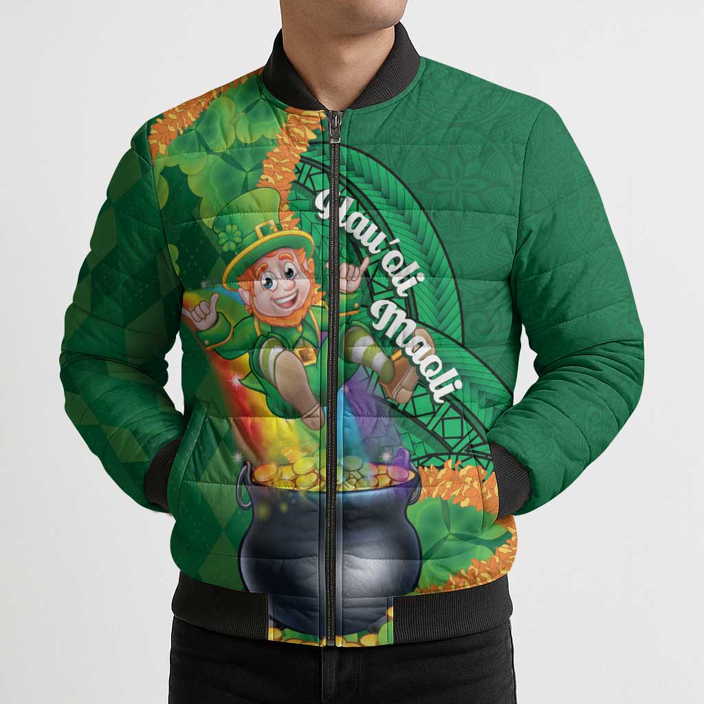 St Patrick's Day Hawaii Bomber Puffer Jacket Hauoli Maoli Funny Shaka Leprechaun