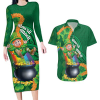 St Patrick's Day Hawaii Couples Matching Long Sleeve Bodycon Dress and Hawaiian Shirt Hauoli Maoli Funny Shaka Leprechaun