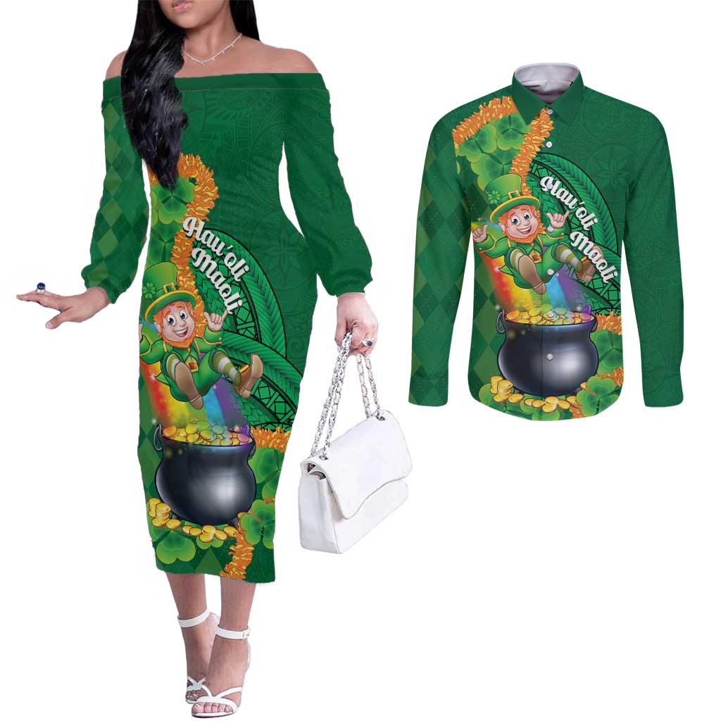 St Patrick's Day Hawaii Couples Matching Off The Shoulder Long Sleeve Dress and Long Sleeve Button Shirt Hauoli Maoli Funny Shaka Leprechaun