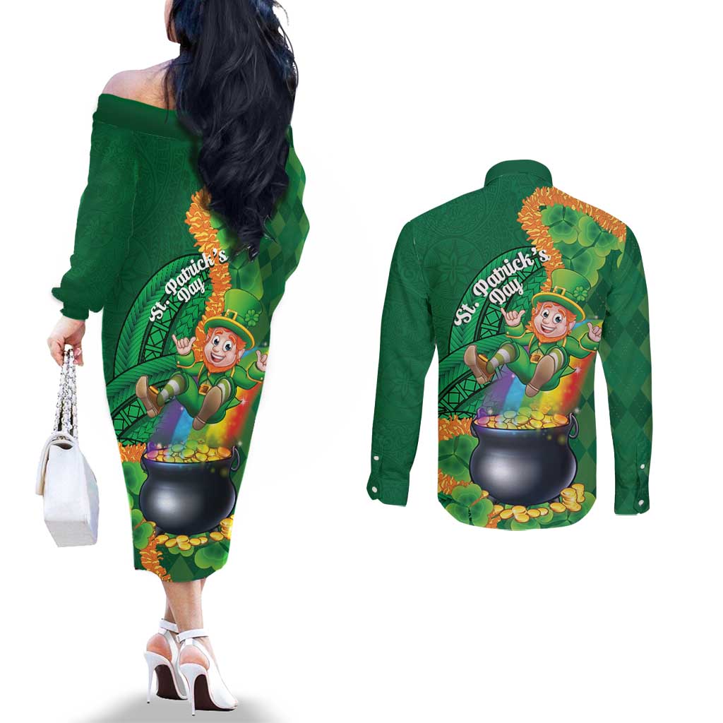 St Patrick's Day Hawaii Couples Matching Off The Shoulder Long Sleeve Dress and Long Sleeve Button Shirt Hauoli Maoli Funny Shaka Leprechaun