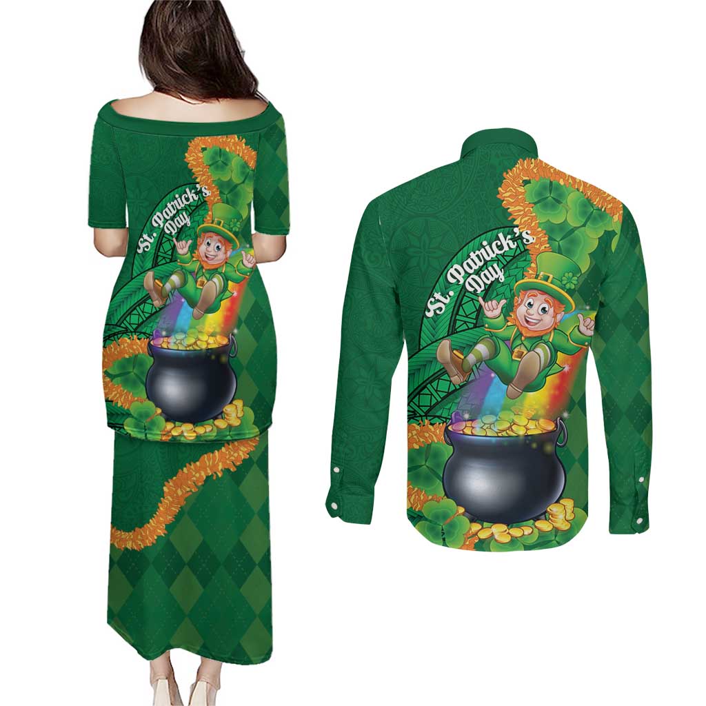 St Patrick's Day Hawaii Couples Matching Puletasi and Long Sleeve Button Shirt Hauoli Maoli Funny Shaka Leprechaun