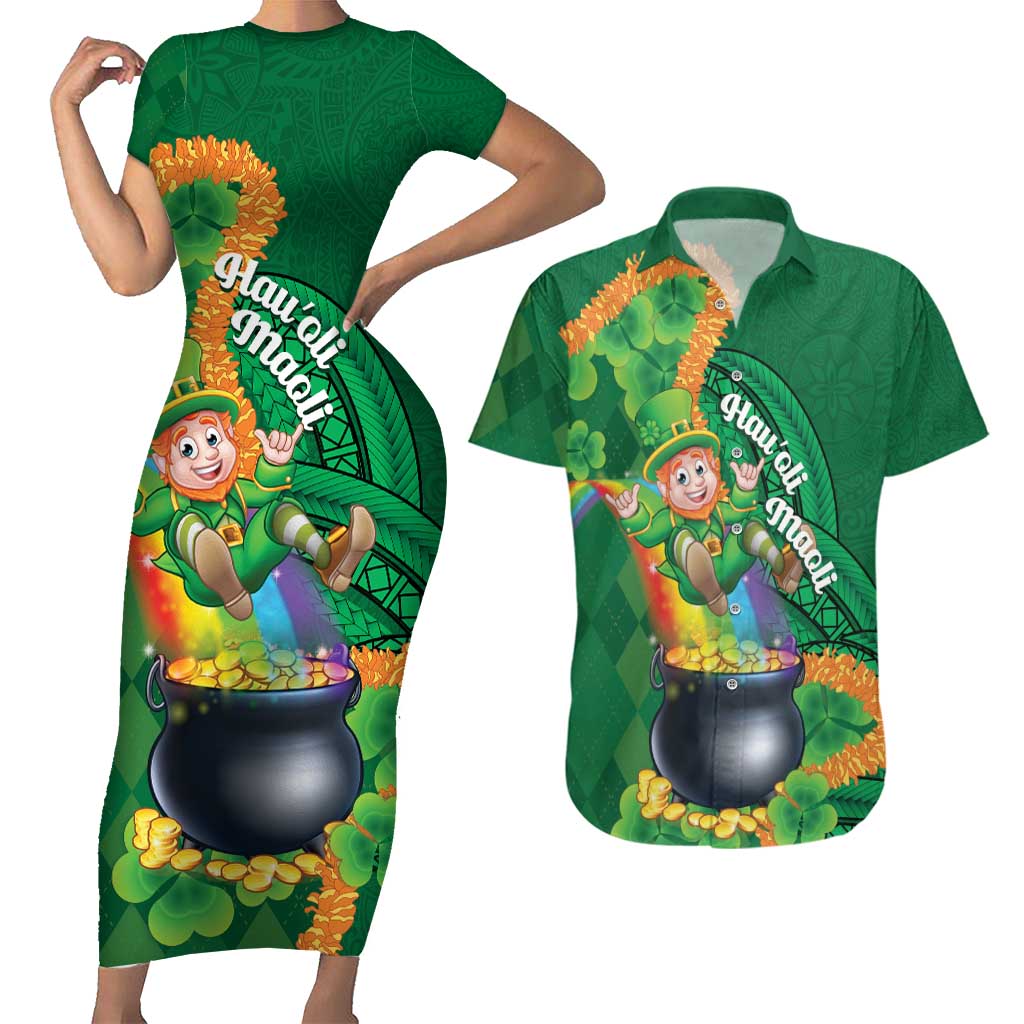 St Patrick's Day Hawaii Couples Matching Short Sleeve Bodycon Dress and Hawaiian Shirt Hauoli Maoli Funny Shaka Leprechaun
