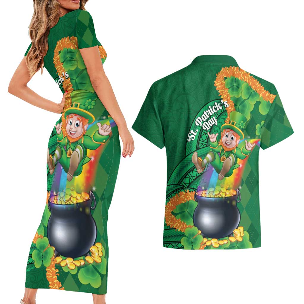 St Patrick's Day Hawaii Couples Matching Short Sleeve Bodycon Dress and Hawaiian Shirt Hauoli Maoli Funny Shaka Leprechaun