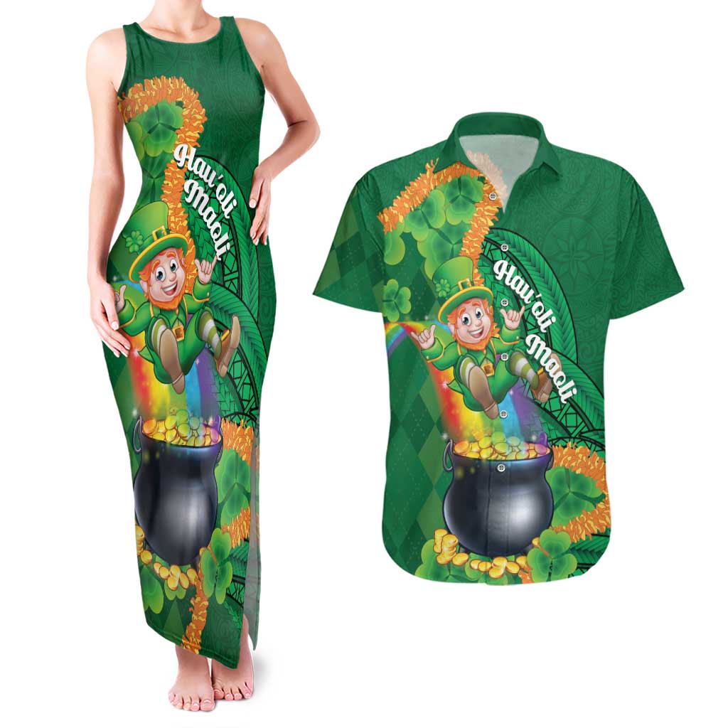 St Patrick's Day Hawaii Couples Matching Tank Maxi Dress and Hawaiian Shirt Hauoli Maoli Funny Shaka Leprechaun