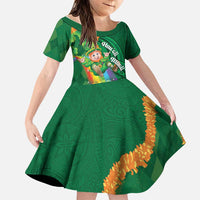 St Patrick's Day Hawaii Family Matching Off The Shoulder Long Sleeve Dress and Hawaiian Shirt Hauoli Maoli Funny Shaka Leprechaun LT14 Daughter's Dress Green - Polynesian Pride