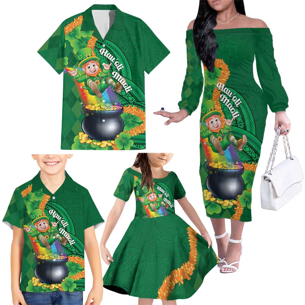 St Patrick's Day Hawaii Family Matching Off The Shoulder Long Sleeve Dress and Hawaiian Shirt Hauoli Maoli Funny Shaka Leprechaun LT14 - Polynesian Pride