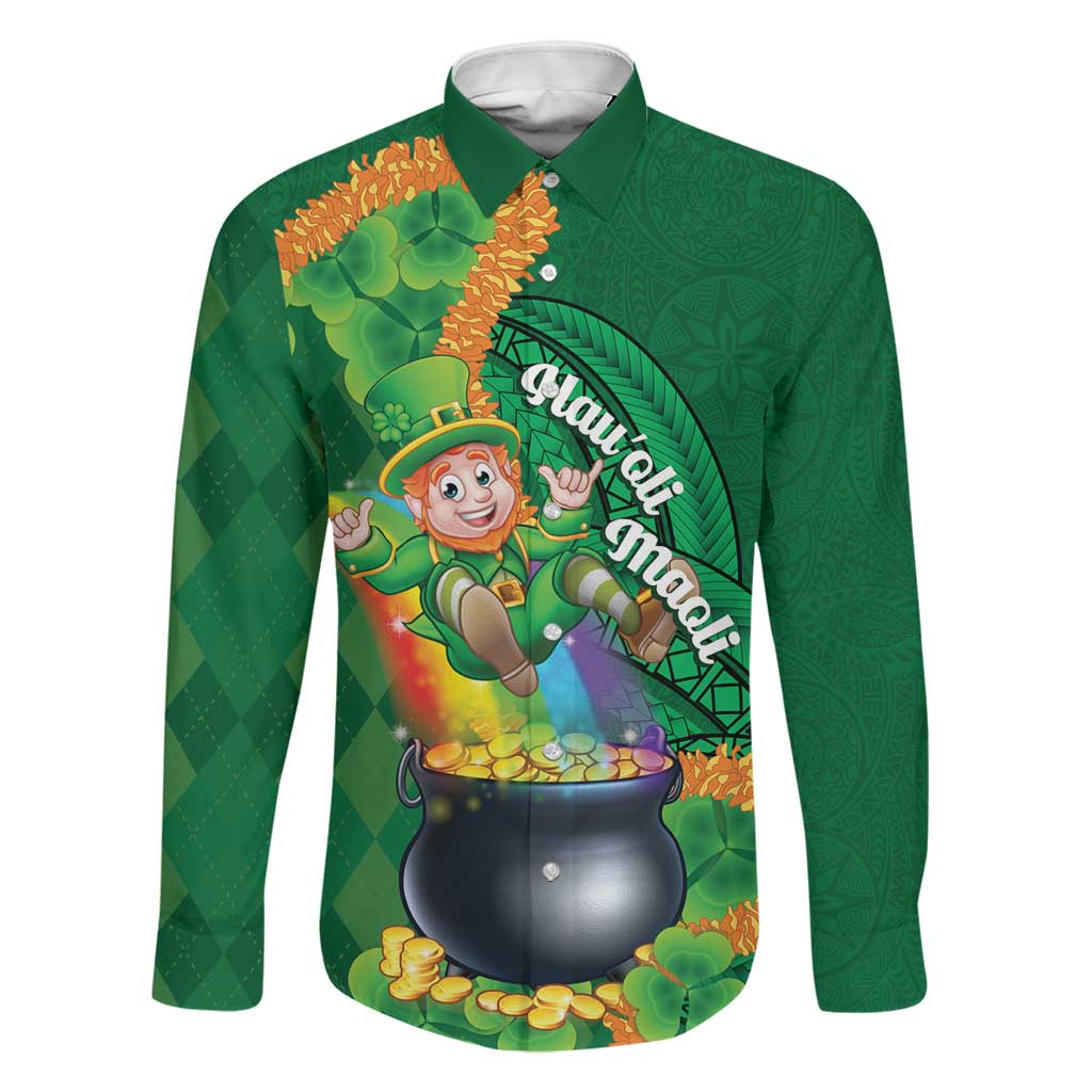 St Patrick's Day Hawaii Family Matching Off The Shoulder Long Sleeve Dress and Hawaiian Shirt Hauoli Maoli Funny Shaka Leprechaun LT14 Dad's Shirt - Long Sleeve Green - Polynesian Pride