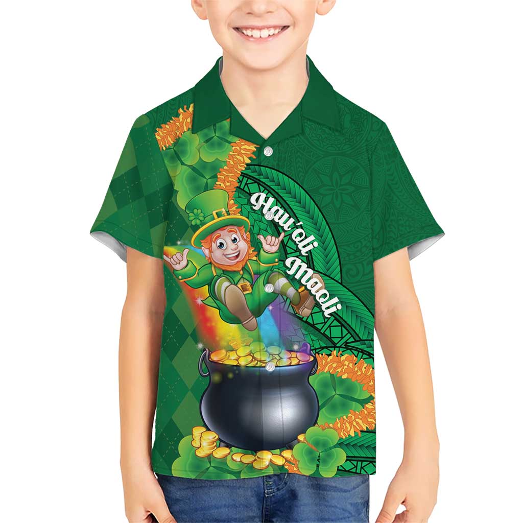 St Patrick's Day Hawaii Family Matching Off The Shoulder Long Sleeve Dress and Hawaiian Shirt Hauoli Maoli Funny Shaka Leprechaun LT14 Son's Shirt Green - Polynesian Pride