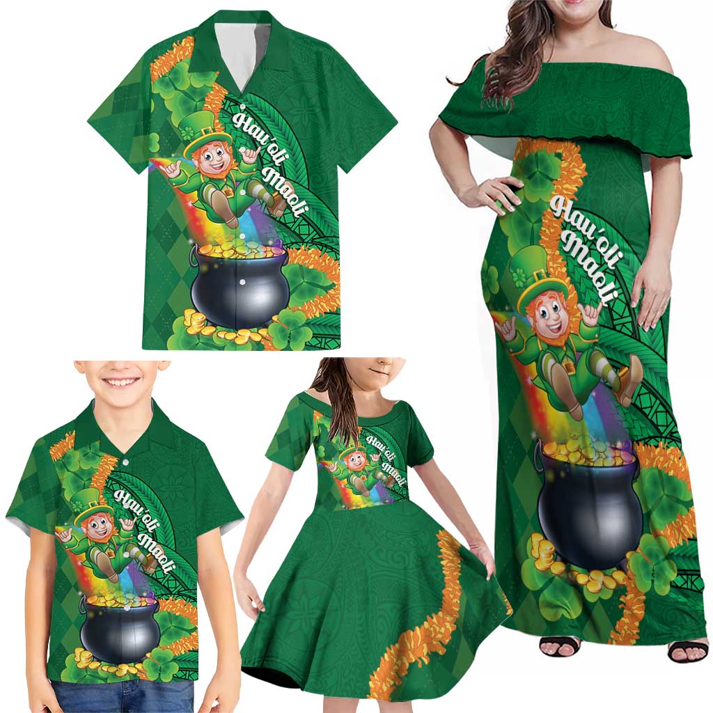 St Patrick's Day Hawaii Family Matching Off Shoulder Maxi Dress and Hawaiian Shirt Hauoli Maoli Funny Shaka Leprechaun