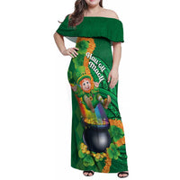 St Patrick's Day Hawaii Family Matching Off Shoulder Maxi Dress and Hawaiian Shirt Hauoli Maoli Funny Shaka Leprechaun