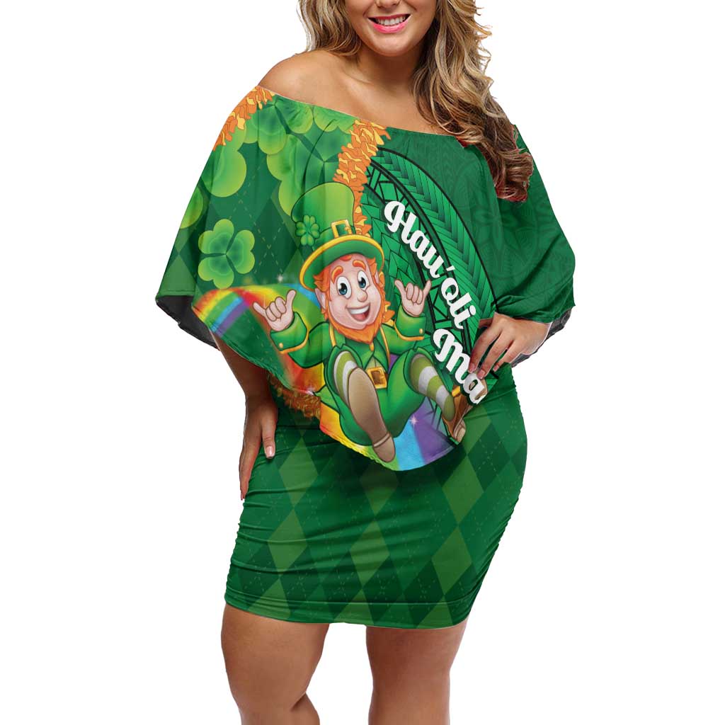 St Patrick's Day Hawaii Family Matching Off Shoulder Short Dress and Hawaiian Shirt Hauoli Maoli Funny Shaka Leprechaun