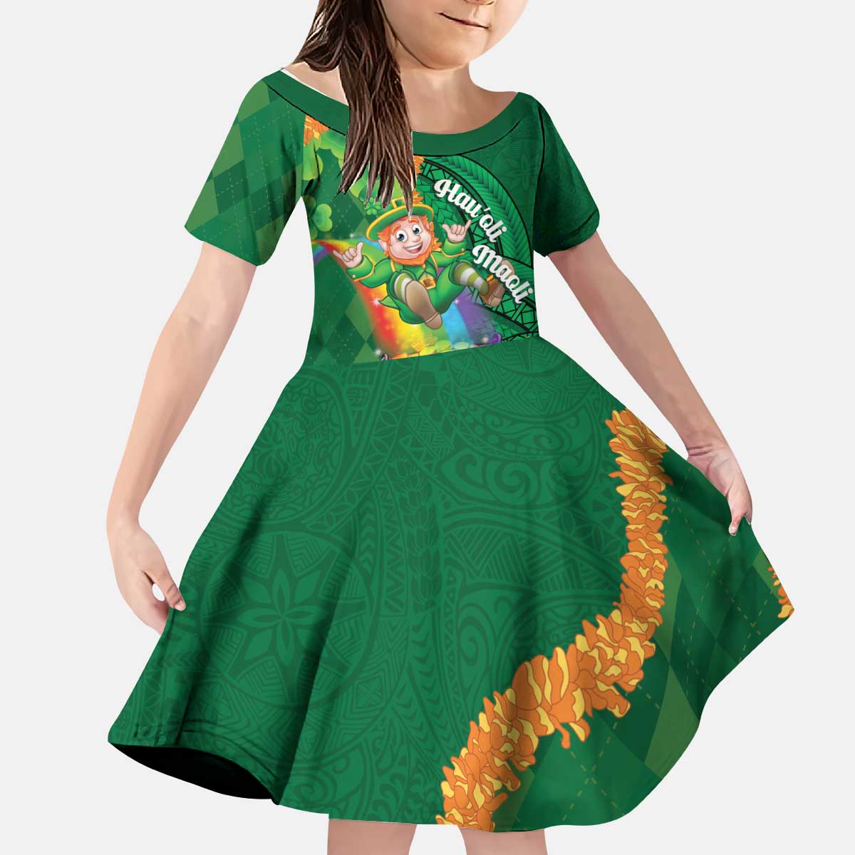 St Patrick's Day Hawaii Kid Short Sleeve Dress Hauoli Maoli Funny Shaka Leprechaun LT14 KID Green - Polynesian Pride